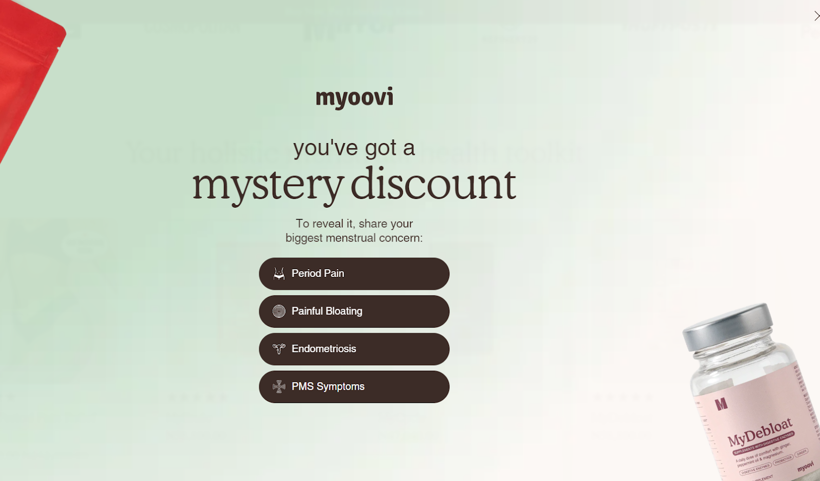 MyOvii's mystery discount page prompting users to select their menstrual concerns to unlock special offers.